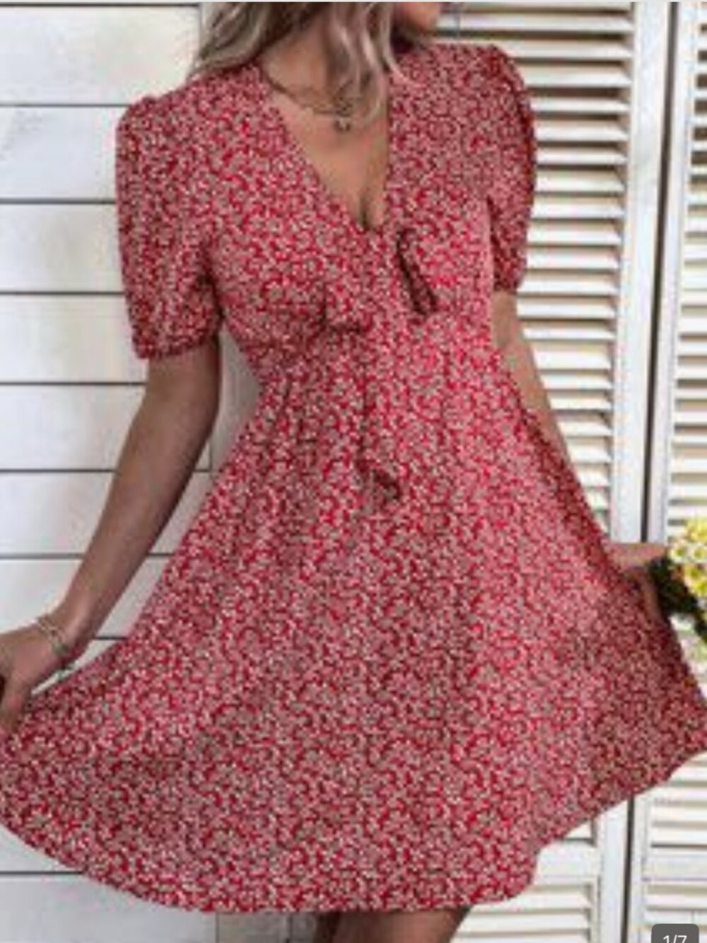 SHEIN V-Neck Flowy Ruffle Cap Sleeve Dress
